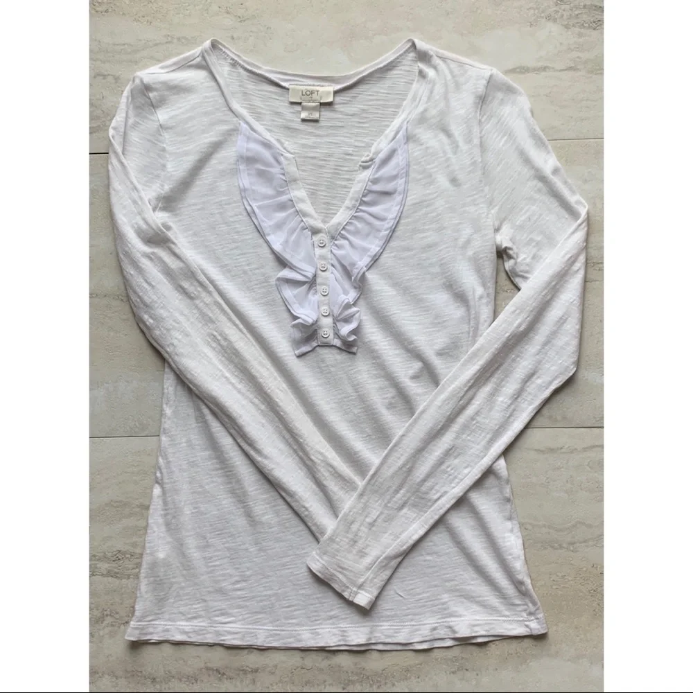 Loft White Ruffle Long Sleeve Top - Picture 2 of 6